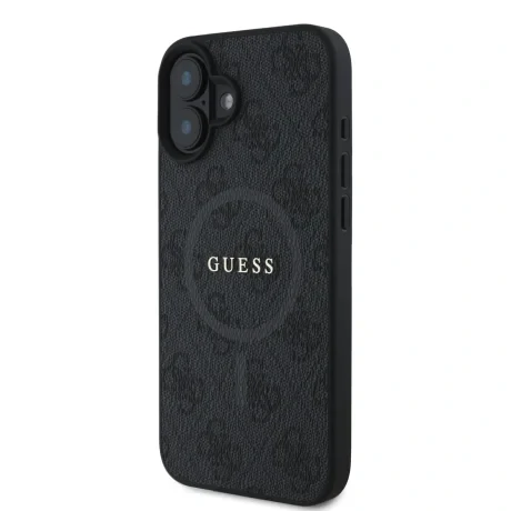 Husă spate Guess din piele PU 4G cu inel colorat MagSafe pentru iPhone 16, neagră