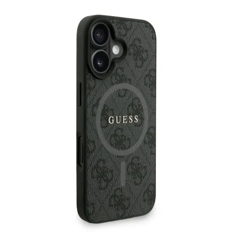 Husa spate Guess din piele PU 4G cu inel colorat MagSafe pentru iPhone 16, neagră