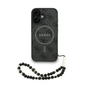 Husa spate Guess din piele PU 4G cu inel colorat MagSafe pentru iPhone 16, neagră