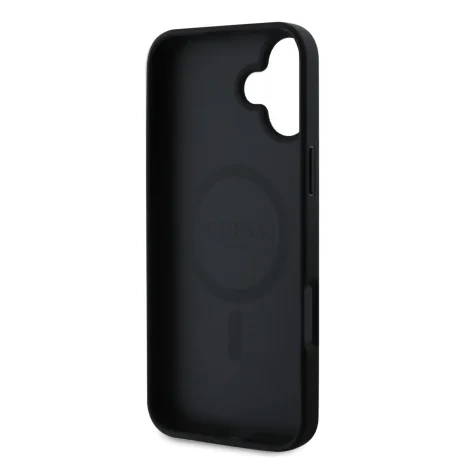 Husă spate Guess din piele PU 4G cu inel colorat MagSafe pentru iPhone 16, neagră