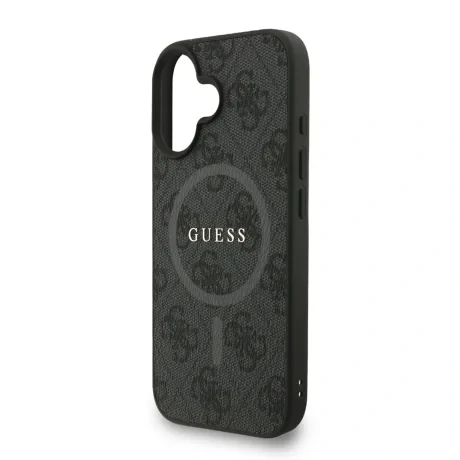 Husa spate Guess din piele PU 4G cu inel colorat MagSafe pentru iPhone 16, neagră
