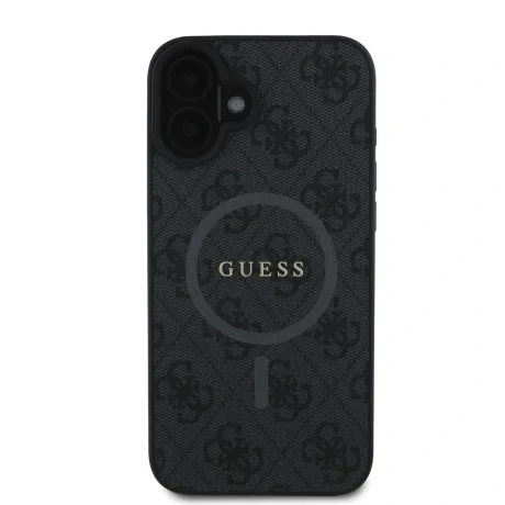 Husă spate Guess din piele PU 4G cu inel colorat MagSafe pentru iPhone 16, neagră
