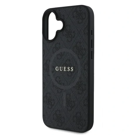 Husă spate Guess din piele PU 4G cu inel colorat MagSafe pentru iPhone 16, neagră