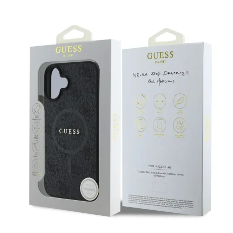 Husă spate Guess din piele PU 4G cu inel colorat MagSafe pentru iPhone 16, neagră