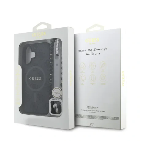 Husa spate Guess din piele PU 4G cu inel colorat MagSafe pentru iPhone 16, neagră