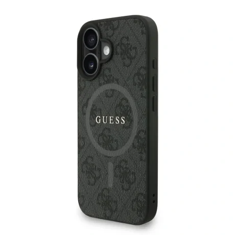 Husa spate Guess din piele PU 4G cu inel colorat MagSafe pentru iPhone 16, neagră