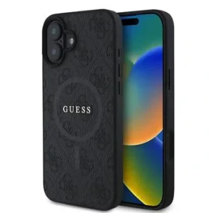 Husă spate Guess din piele PU 4G cu inel colorat MagSafe pentru iPhone 16, neagră