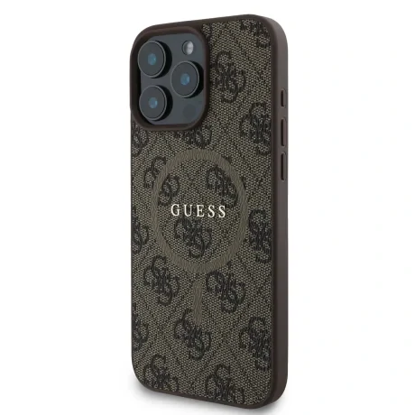 Husă spate Guess din piele PU 4G cu inel colorat MagSafe pentru iPhone 16 Pro, maro