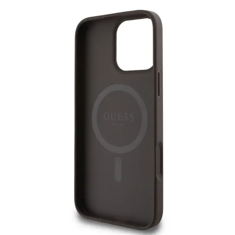 Husă spate Guess din piele PU 4G cu inel colorat MagSafe pentru iPhone 16 Pro, maro