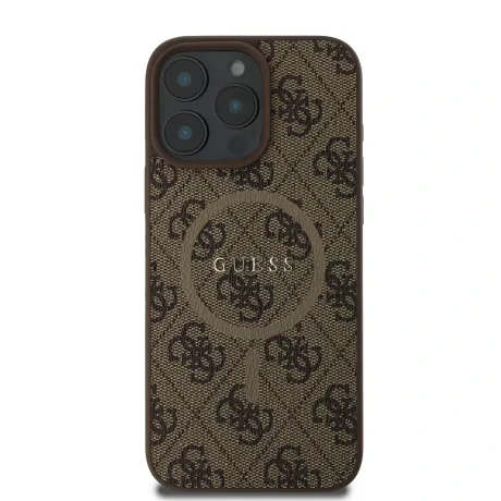 Husă spate Guess din piele PU 4G cu inel colorat MagSafe pentru iPhone 16 Pro, maro