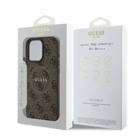 Husă spate Guess din piele PU 4G cu inel colorat MagSafe pentru iPhone 16 Pro, maro