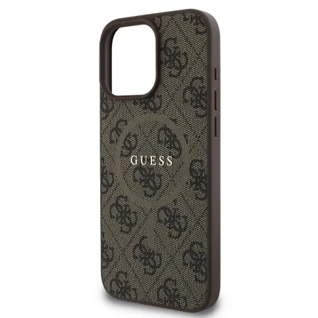 Husă spate Guess din piele PU 4G cu inel colorat MagSafe pentru iPhone 16 Pro Max, maro