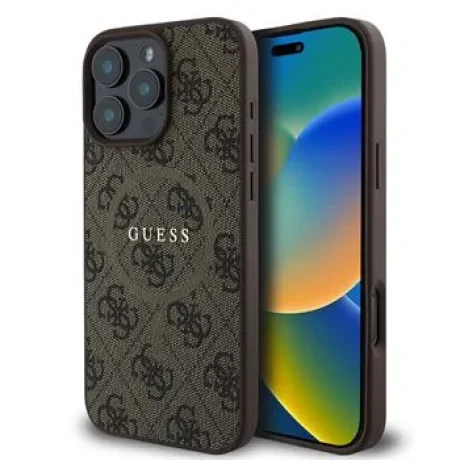 Husă spate Guess din piele PU 4G cu inel colorat MagSafe pentru iPhone 16 Pro Max, maro