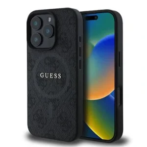 Husă spate Guess din piele PU 4G cu inel colorat MagSafe pentru iPhone 16 Pro Max, neagră