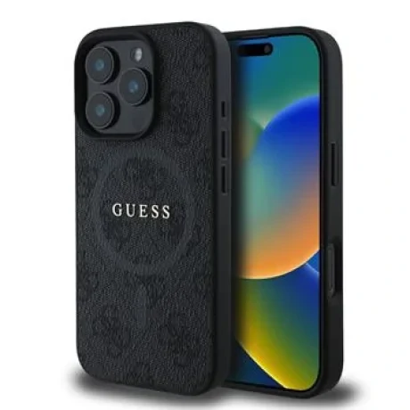 Husă spate Guess din piele PU 4G cu inel colorat MagSafe pentru iPhone 16 Pro Max, neagră