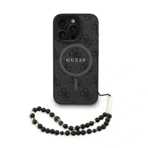 Husă spate Guess din piele PU 4G cu inel colorat MagSafe pentru iPhone 16 Pro Max, neagră
