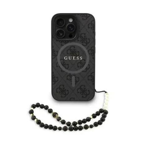 Husă spate Guess din piele PU 4G cu inel colorat MagSafe pentru iPhone 16 Pro Max, neagră