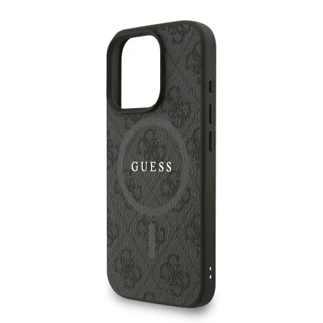 Husă spate Guess din piele PU 4G cu inel colorat MagSafe pentru iPhone 16 Pro Max, neagră