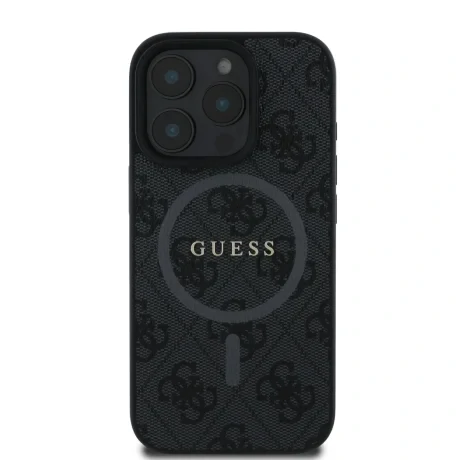 Husă spate Guess din piele PU 4G cu inel colorat MagSafe pentru iPhone 16 Pro Max, neagră