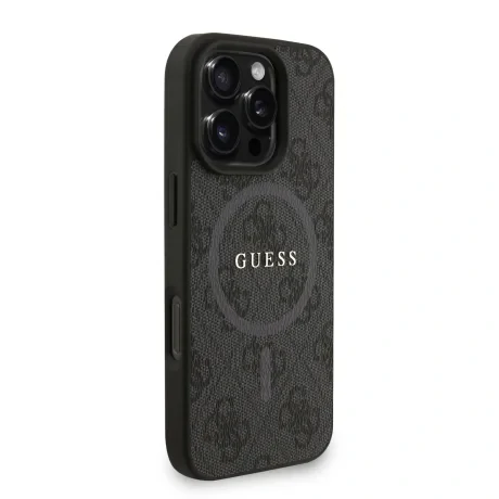 Husă spate Guess din piele PU 4G cu inel colorat MagSafe pentru iPhone 16 Pro Max, neagră