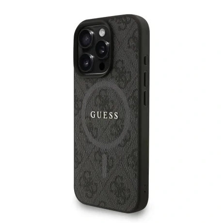 Husă spate Guess din piele PU 4G cu inel colorat MagSafe pentru iPhone 16 Pro Max, neagră