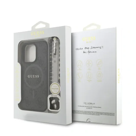 Husă spate Guess din piele PU 4G cu inel colorat MagSafe pentru iPhone 16 Pro, neagră