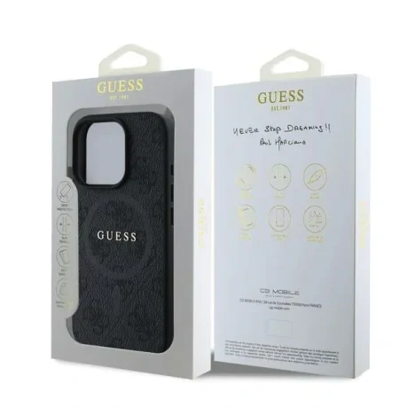 Husă spate Guess din piele PU 4G cu inel colorat MagSafe pentru iPhone 16 Pro, neagră