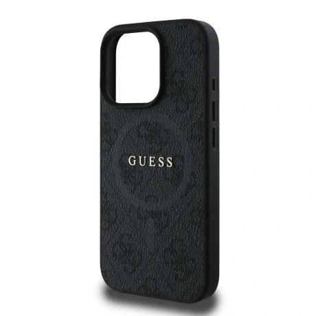 Husă spate Guess din piele PU 4G cu inel colorat MagSafe pentru iPhone 16 Pro, neagră