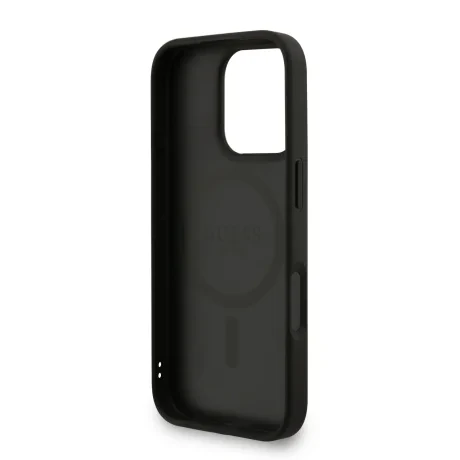 Husă spate Guess din piele PU 4G cu inel colorat MagSafe pentru iPhone 16 Pro, neagră
