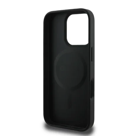 Husă spate Guess din piele PU 4G cu inel colorat MagSafe pentru iPhone 16 Pro, neagră