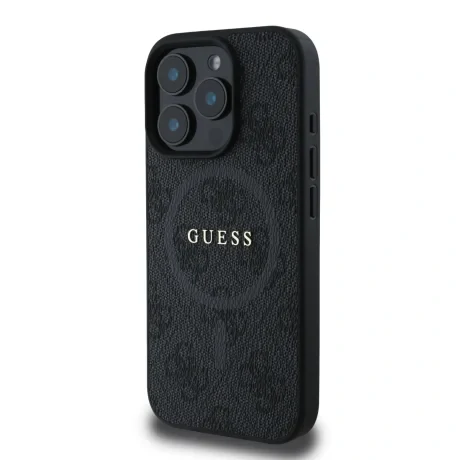 Husă spate Guess din piele PU 4G cu inel colorat MagSafe pentru iPhone 16 Pro, neagră