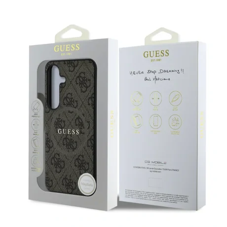 Husa spate Guess din piele PU 4G cu inel colorat MagSafe pentru Samsung Galaxy S25, maro