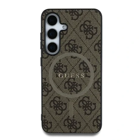 Husa spate Guess din piele PU 4G cu inel colorat MagSafe pentru Samsung Galaxy S25, maro