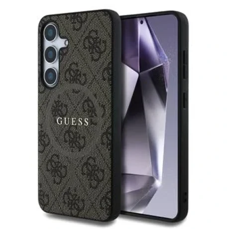 Husa spate Guess din piele PU 4G cu inel colorat MagSafe pentru Samsung Galaxy S25, maro