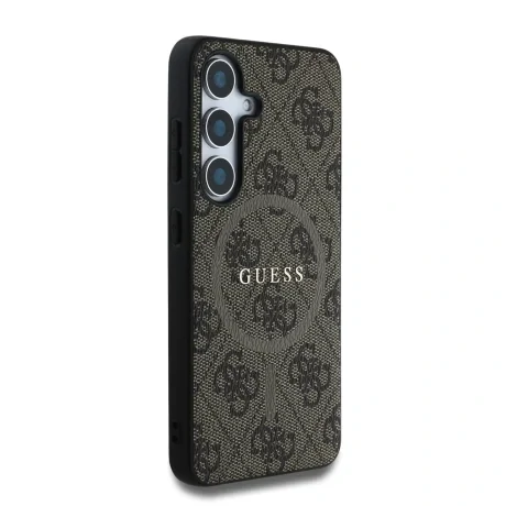 Husa spate Guess din piele PU 4G cu inel colorat MagSafe pentru Samsung Galaxy S25, maro