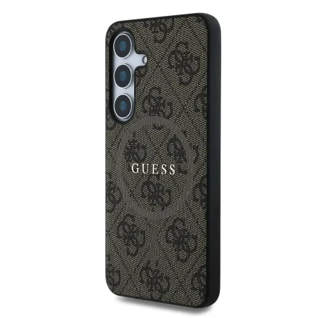 Husa spate Guess din piele PU 4G cu inel colorat MagSafe pentru Samsung Galaxy S25, maro