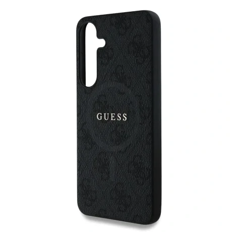 Husa spate Guess din piele PU 4G cu inel colorat MagSafe pentru Samsung Galaxy S25, neagră