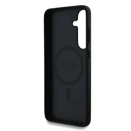 Husa spate Guess din piele PU 4G cu inel colorat MagSafe pentru Samsung Galaxy S25, neagră
