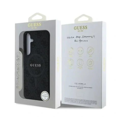 Husa spate Guess din piele PU 4G cu inel colorat MagSafe pentru Samsung Galaxy S25, neagră