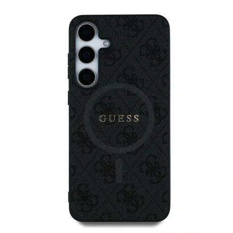 Husa spate Guess din piele PU 4G cu inel colorat MagSafe pentru Samsung Galaxy S25, neagră