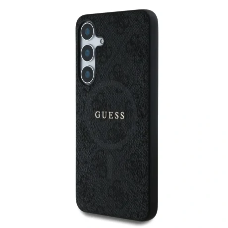Husa spate Guess din piele PU 4G cu inel colorat MagSafe pentru Samsung Galaxy S25, neagră