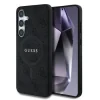 Husa spate Guess din piele PU 4G cu inel colorat MagSafe pentru Samsung Galaxy S25, neagră