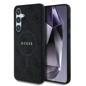 Husa spate Guess din piele PU 4G cu inel colorat MagSafe pentru Samsung Galaxy S25, neagră