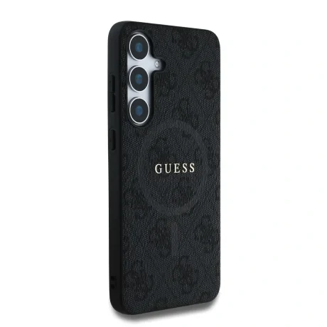 Husa spate Guess din piele PU 4G cu inel colorat MagSafe pentru Samsung Galaxy S25, neagră