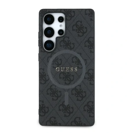 Husa spate Guess din piele PU 4G cu inel colorat MagSafe pentru Samsung Galaxy S25 Ultra, neagră