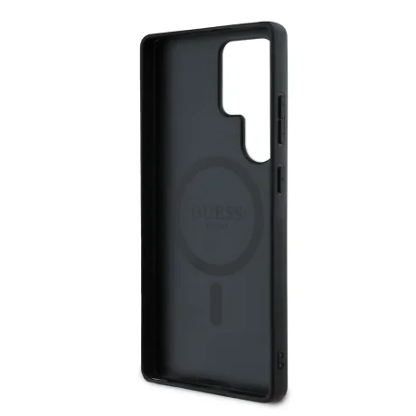 Husa spate Guess din piele PU 4G cu inel colorat MagSafe pentru Samsung Galaxy S25 Ultra, neagră