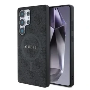 Husa spate Guess din piele PU 4G cu inel colorat MagSafe pentru Samsung Galaxy S25 Ultra, neagră
