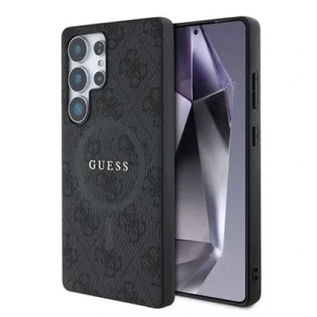Husa spate Guess din piele PU 4G cu inel colorat MagSafe pentru Samsung Galaxy S25 Ultra, neagră