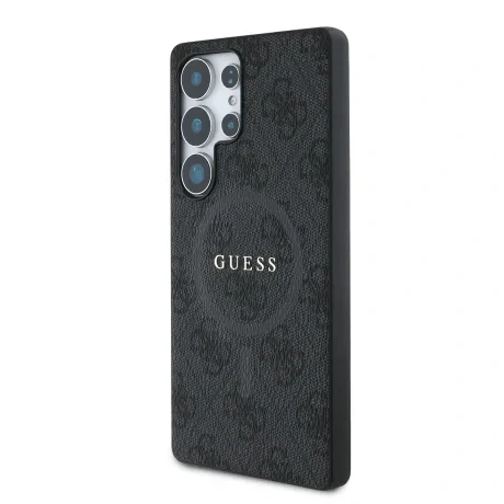Husa spate Guess din piele PU 4G cu inel colorat MagSafe pentru Samsung Galaxy S25 Ultra, neagră