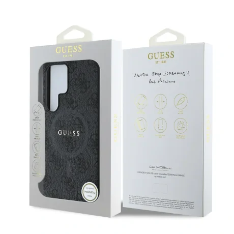 Husa spate Guess din piele PU 4G cu inel colorat MagSafe pentru Samsung Galaxy S25 Ultra, neagră